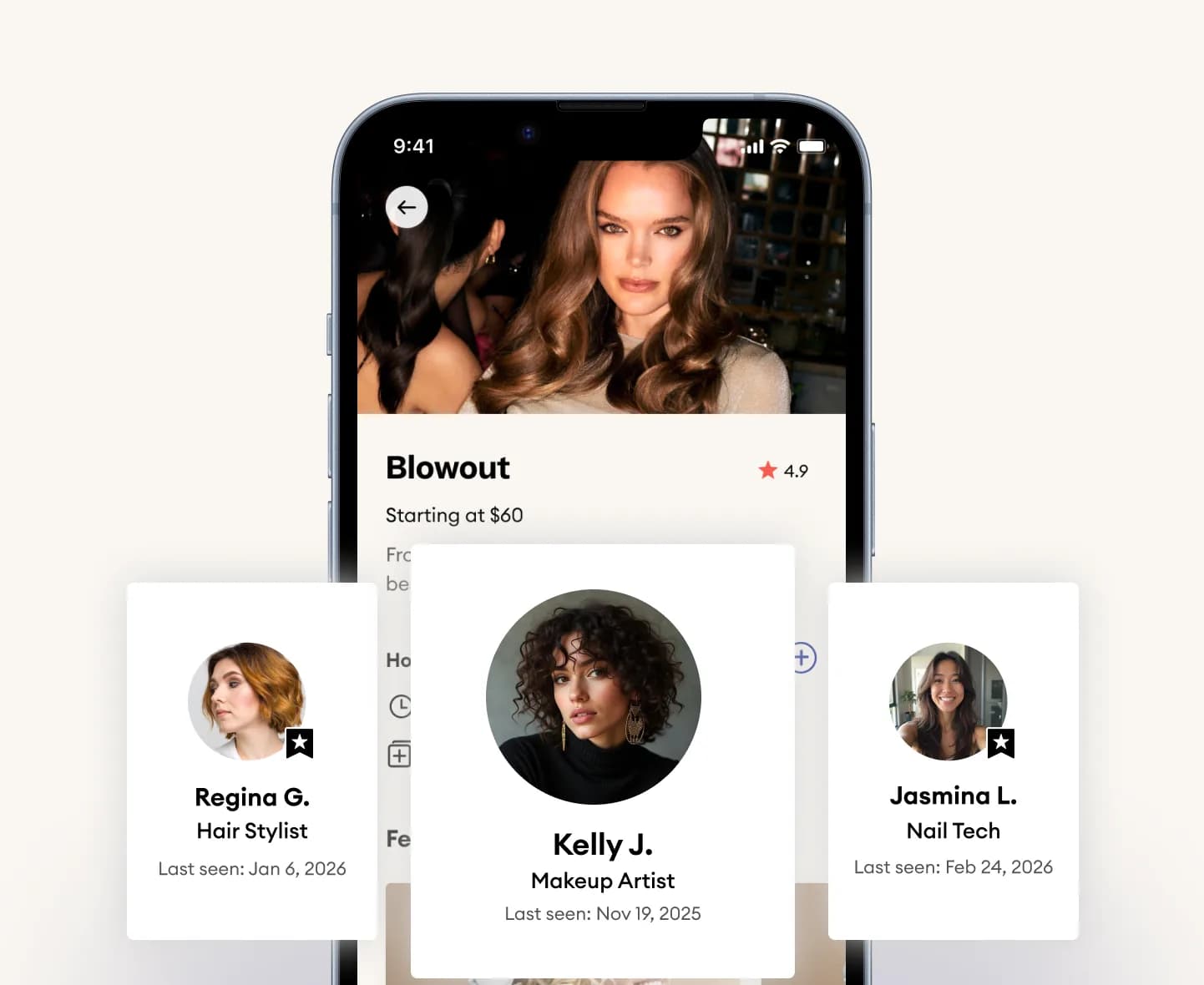 Glamsquad app showing vetted hair stylists, makeup artists, and nail techs available to book