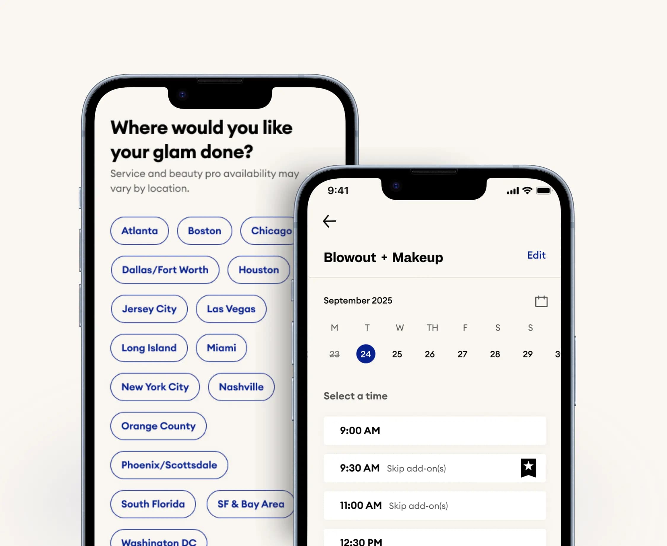 Glamsquad app screen for selecting appointment date, time, and home service location