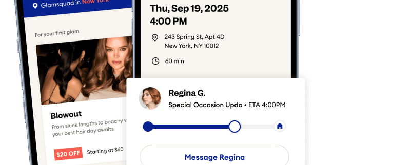 The GLAMSQUAD app showing an upcoming appointment and pro details